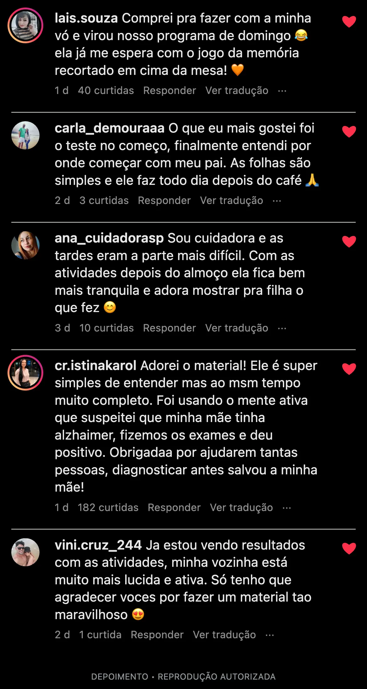 Comentários de familiares e cuidadores sobre suas experiências com as atividades do Mente Ativa.