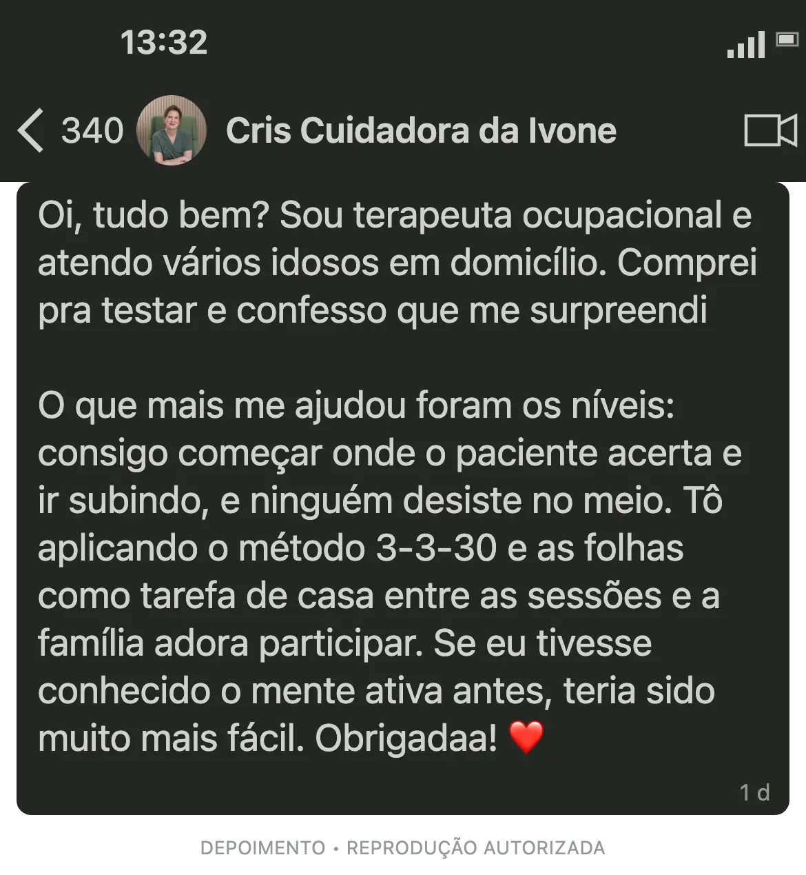 Depoimento de Cris, terapeuta ocupacional, sobre os níveis e o Método 3·3·30 nas atividades com idosos.
